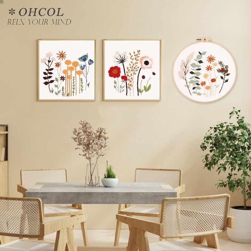 Ohcol 3 Sets Embroidery Kit,Needlepoint Kits for Adults,Needle Point Cross Stitch Kits for Beginners with Washable Pre-Printed Floral Pattern,3 Hoops,Women DIY Hand Crafts - Image 2